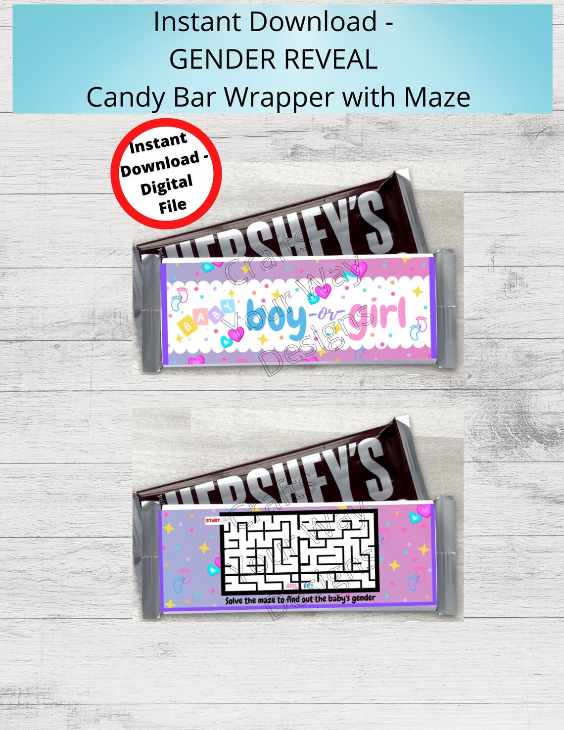 PRINTABLE GENDER REVEAL Candy Bar Wrapper Boy or Girl Solve the Maze to ...