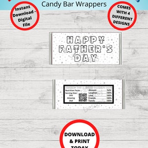 May include: A printable coloring page for a candy bar wrapper that says "Happy Father's Day". The wrapper also includes a nutrition facts label with a QR code and the text "Wishing you a sweet Father's Day!"