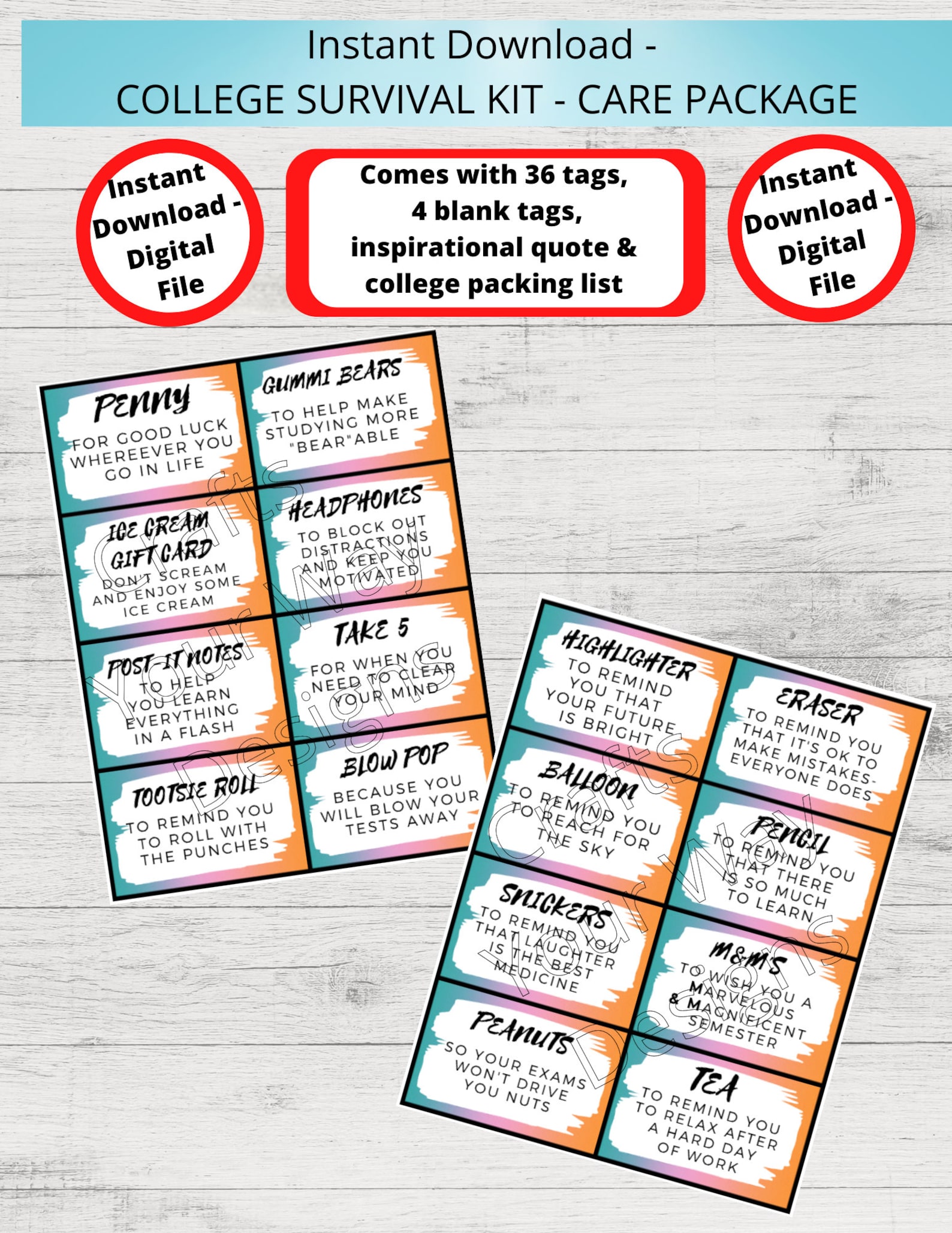 Instant Download Printables- College Survival Kit, College Care Package ...
