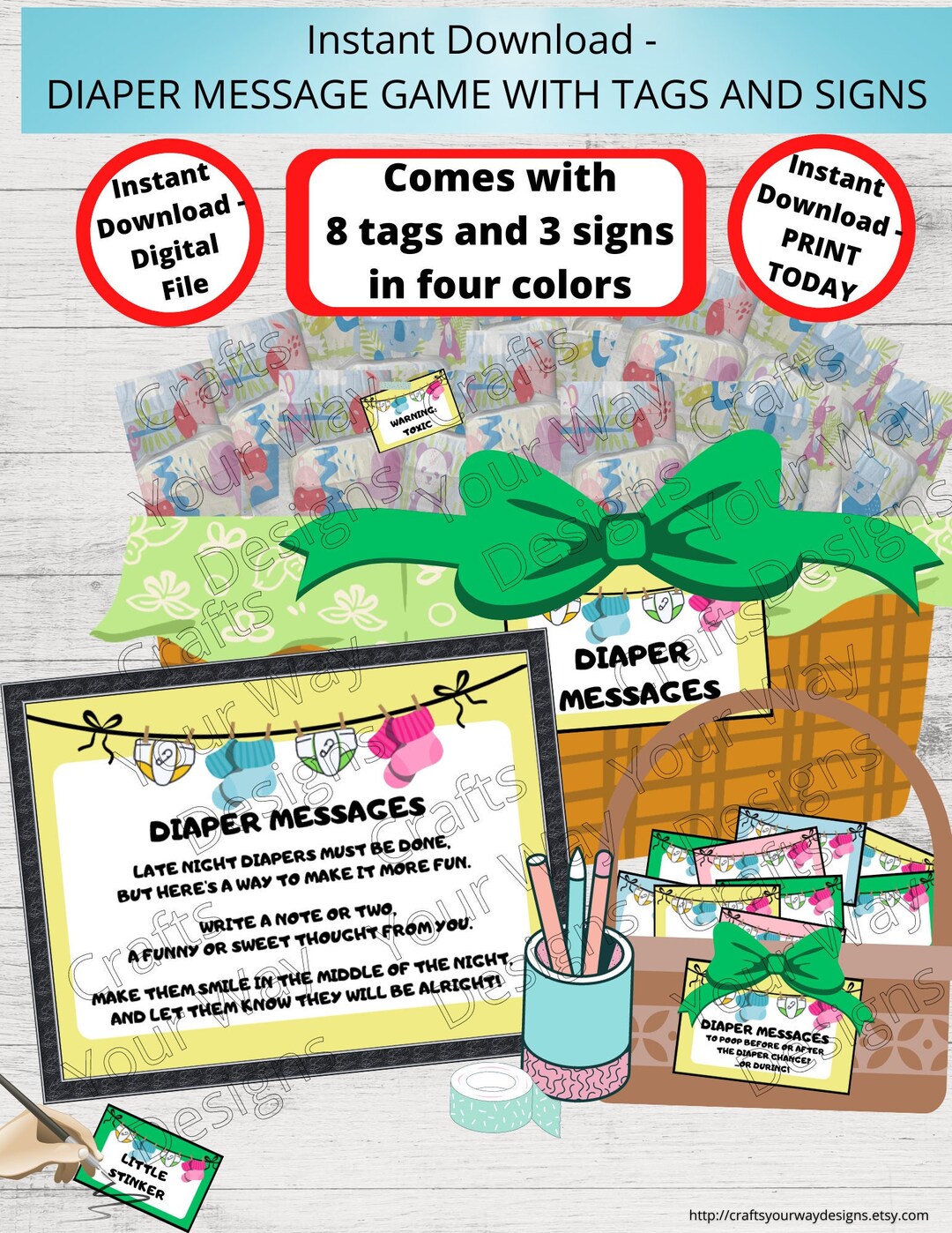 DIAPER MESSAGE GAME Tags and Signs, Baby Shower Games, Printable