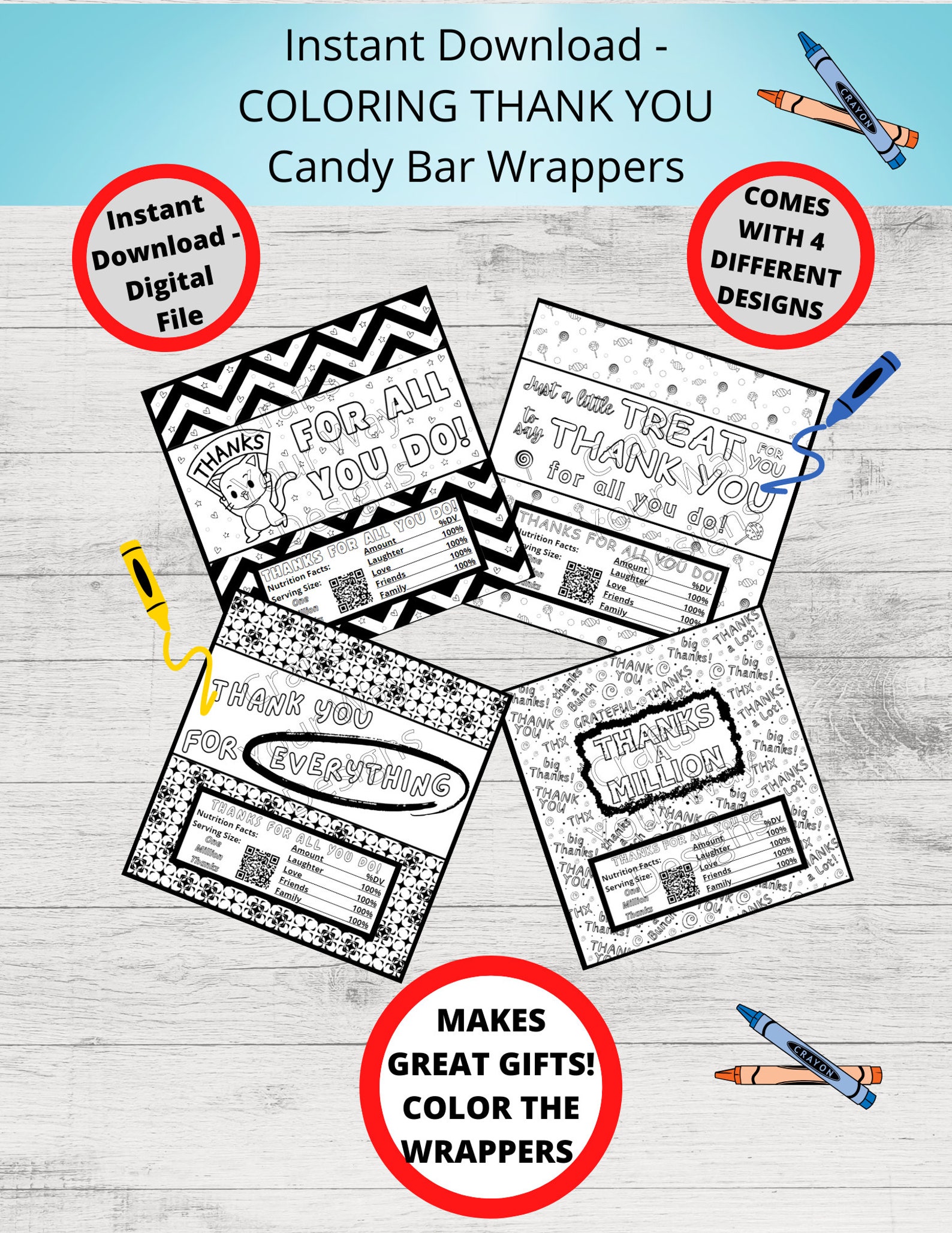 Printable COLORING THANK YOU Candy Bar Wrappers-gift Ideas-party Favors ...