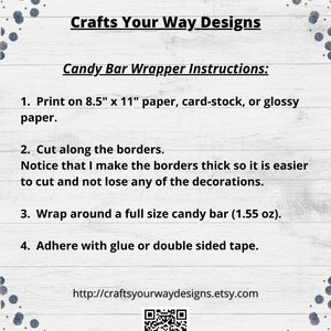 May include: Instructions for printing and assembling a candy bar wrapper. The instructions are printed on a white background with a blue and white polka dot border. The text includes the dimensions 8.5" x 11" and 1.55 oz.