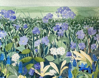 Blue Flower Fields - Giclee print, floral watercolour art