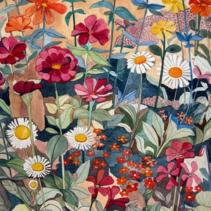 Daisy and Zinnia Print, no white border, 12&quot; x 16&quot;/ 16&quot; x 20&quot;/ 18&quot; x 24&quot;, unframed by Fiona Cristante, Floret Lane Studio.