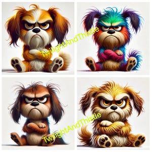 Clipart chien grincheux, art numérique chien drôle de bande dessinée, chiot coloré PNG, illustration de chien mignon, graphiques de chien imprimables pour travaux manuels et décoration