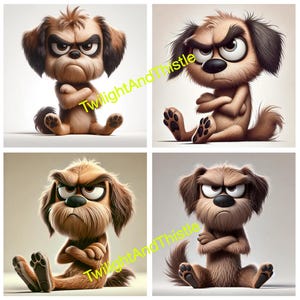 Grumpy Dog Clipart, Funny Cartoon Dog Digital Art, Puppy PNG, Cute Dog Illustration, Printable Dog Graphics for Crafts & Decor (4 Files)