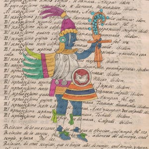May include: A page from an ancient codex featuring a detailed illustration of a blue-skinned figure with a staff and shield. The figure is surrounded by text, with a palette of colours including red, orange, green, and purple. A historical artifact.