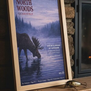 Peut inclure: Une couverture encadrée du magazine "North Woods Quarterly" avec une illustration d'élan et le texte "The Bull Moose of Superior". Un leurre de pêche est posé sur une étagère en bois. Automne 1947.