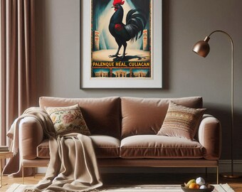 Mexican Rooster Vintage Inspired  Palenque Travel Poster Download