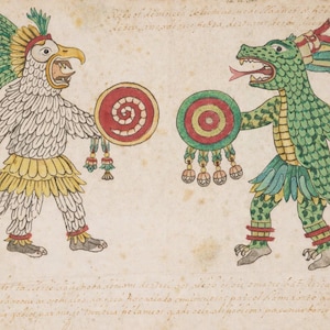 Pode incluir: Ilustração de duas figuras em trajes tradicionais, uma assemelhando-se a uma águia e a outra a um réptil. A figura da águia é branca com detalhes amarelos, segurando um escudo com uma espiral vermelha. A figura do réptil é verde, também segurando um escudo.