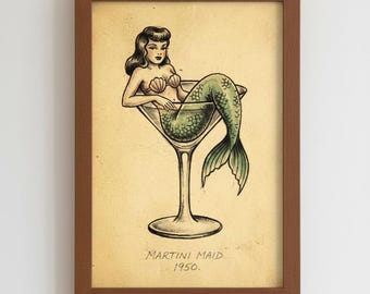 Traditional Tattoo Flash Print Dirty Martini Home Decor Vintage Inspired Mermaid Art
