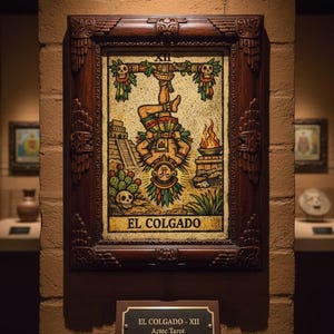 Puede incluir: Una carta del tarot azteca enmarcada, "El Colgado", que representa una figura invertida, calaveras y una pirámide. La obra de arte está en un marco de madera oscura, montada en una pared de ladrillo. Una placa debajo dice "El Colgado - XII Aztec Tarot."