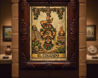 El Colgado – Aztec Hanged Man Tarot Art Digital Download – Sacred Pause, Surrender and New Sight Mesoamerican Folk Wall Art