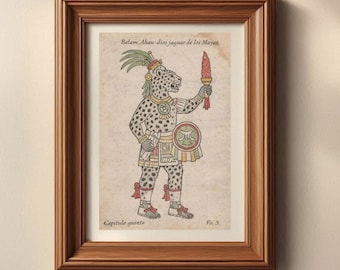 Mayan Jaguar God Print | INSTANT DOWNLOAD | Mesoamerican Mythology Wall Art | Vintage Style Pre-Columbian Jaguar Warrior Poster