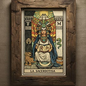 May include: Framed tarot card print featuring "La Sacerdotisa." The artwork depicts a woman in a headdress, holding a book, with a leopard and a snake. The frame is made of rustic, dark wood. The card has a colorful, vintage style.