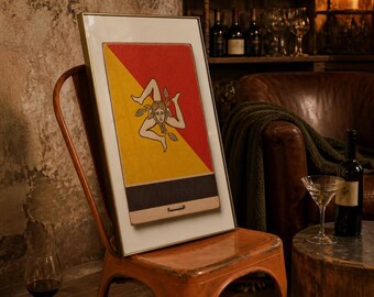 Sicilian Flag Art- Retro Match Cover Print- Mediterranean Ephemera- Italian Gallery- Trinacria Poster- Digital Download