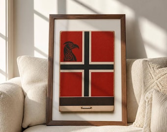 Viking Raven Art- Norse Den Decor- Retro Match Cover Print- Scandinavian Folklore Wall Art- Nordic Gallery Wall- Digital Download