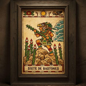 Tarot Karte - Siete de Bastones - Azteken Krieger Karte - Mexikanische Tarot Kunst - Digitaler Download**