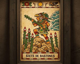 Tarot Card - Siete de Bastones Aztec Warrior Print - Mexican Tarot Art - Digital Download**