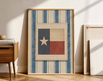 Texas Flag Print- Lone Star State Decor- Vintage Linen Texas Art- Farmhouse Tickling Stripe Wall Art- Texas Home Gift- Digital Download