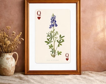 Texas Blue Bonnet Wall Art | Queen of Hearts Playing Card Print | Lone Star Heritage | Southern Home Decor Download