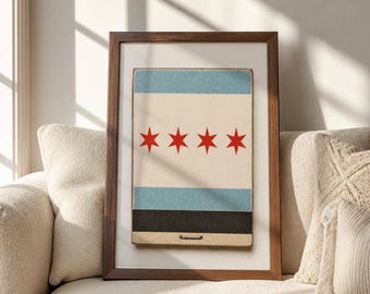 Chicago Flag Art- Retro Match Cover Print- Windy City Ephemera- Midwest Apartment Decor- Urban Gallery Wall- Digital Download