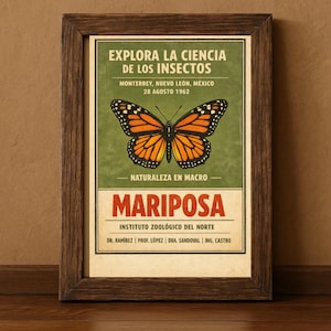 May include: A framed vintage poster with a butterfly illustration. The poster has text in Spanish, including "EXPLORA LA CIENCIA DE LOS INSECTOS" and "MARIPOSA." The butterfly is orange and black, set against a green background.