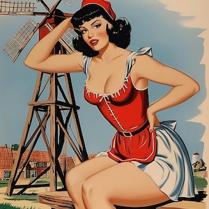 Descarga digital de arte pin up de molino de viento holandés vintage de inspiración retro de 1956