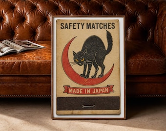 Vintage Black Cat Matchbox Art- Retro Halloween Moon Poster- Spooky Cute Animal Wall Decor- Retro Japanese Machbox Print- Download