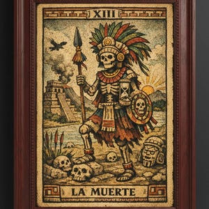 May include: Framed artwork featuring a skeletal figure in Aztec-inspired attire, holding a spear and shield. The image includes a pyramid, skulls, and the text "LA MUERTE". The color palette is earthy tones with vibrant accents.
