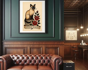 Siamese Cat Traditional Tattoo Print A4 Size