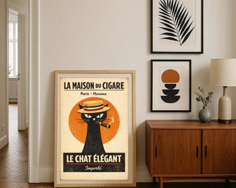 Black Cat Cigar Poster- Vintage French Tobacco Art - Cuban Decor-Instant Download