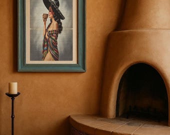 Mexican Señorita Vintage Wall Art Print - Mid Century Decor Download - Distressed 1950s Illustration - Instant Digital Download