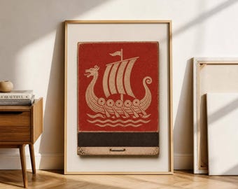 Viking Ship Art- Norse Longship Decor- Retro Match Cover Print- Nordic Gallery Wall-  Scandanavian Wall Art- Digital Download