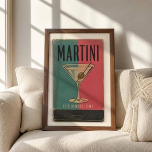Retro Martini Match Cover Print- Mid-Century Bar Cart Decor- Trendy Dorm Wall Art- Vintage Lounge Ephemera Digital Download