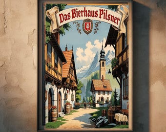 German Beer Advertisement Vintage Inspired Alpine Bierhaus Home Decor Download