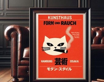 Mid-Century Modern Cat Smoking a Cigar -Retro Man Cave Decor- Gifrt for Cigar Lover  - INSTANT DOWNLOAD