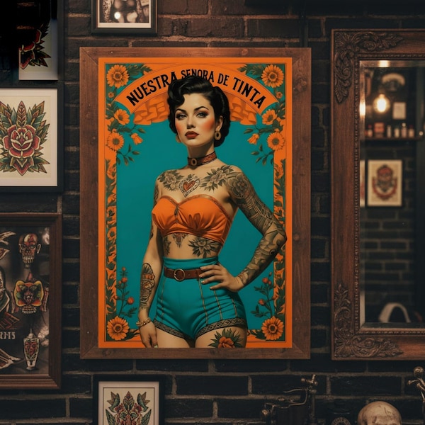 Descarga de arte pin-up latina de la vieja escuela con tatuajes de una mujer.