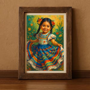 May include: A framed print of a smiling child in a colorful traditional dress. The dress is blue, red, and yellow with floral details. The child has dark hair in braids adorned with flowers, set against a background of flowers and greenery.