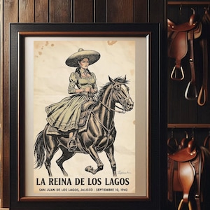 Mexican Escaramuza Poster Vintage Inspired Charra  Jalisco Horsewoman Art Download