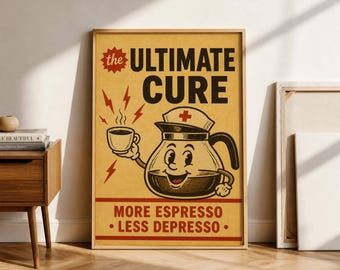 More Espresso Less Depresso Print, Funny Coffee Wall Art, Retro Nurse Coffee Pot, Kitchen Decor, Coffee Lover Gift, Digital Download