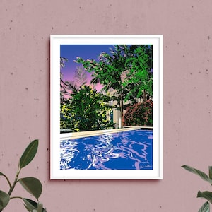 Tropical Swimming Pool Wall Art | Lofi Vaporwave Aesthetic Sunset, Tropical Plants Beach Themed Décor