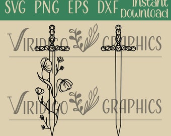 May include: Black line art of two swords, one with floral accents. The sword on the left has flowers and leaves. The sword on the right is a simple design. The words "SVG PNG EPS DXF" and "Instant download" are at the top.