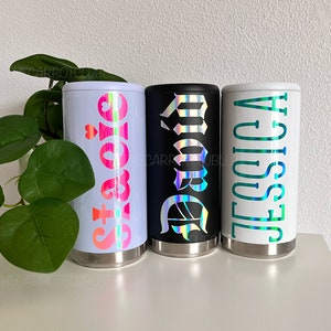 Personalized Skinny Can Cooler, Custom Holographic Name Bridesmaid Gift, Stainless Steel Insulated Can Cooler, Slim Seltzer Holder
