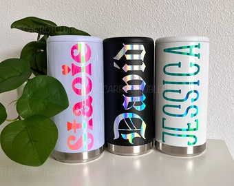 Personalized Skinny Can Cooler, Custom Holographic Name Bridesmaid Gift, Stainless Steel Insulated Can Cooler, Slim Seltzer Holder