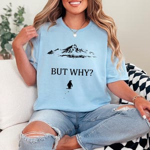 May include: Light blue t-shirt featuring a mountain range graphic above the text "BUT WHY?" and a penguin illustration. The shirt is made of soft material and is suitable for casual wear.