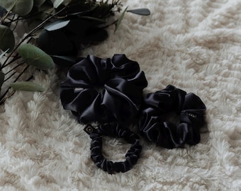 Black Satin Scrunchie | Large Scrunchie | Medium Scrunchie | Small Scrunchie | Bridal Gift | Silky Soft Satin | Hair Care