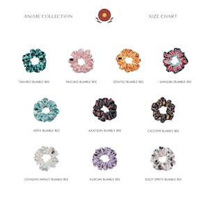 May include: A collection of anime-themed scrunchies. Each scrunchie features a unique pattern and color scheme, with names like "Tanjiro Bumble Bee" and "Nezuko Bumble Bee" printed below. The scrunchies are arranged on a white background.