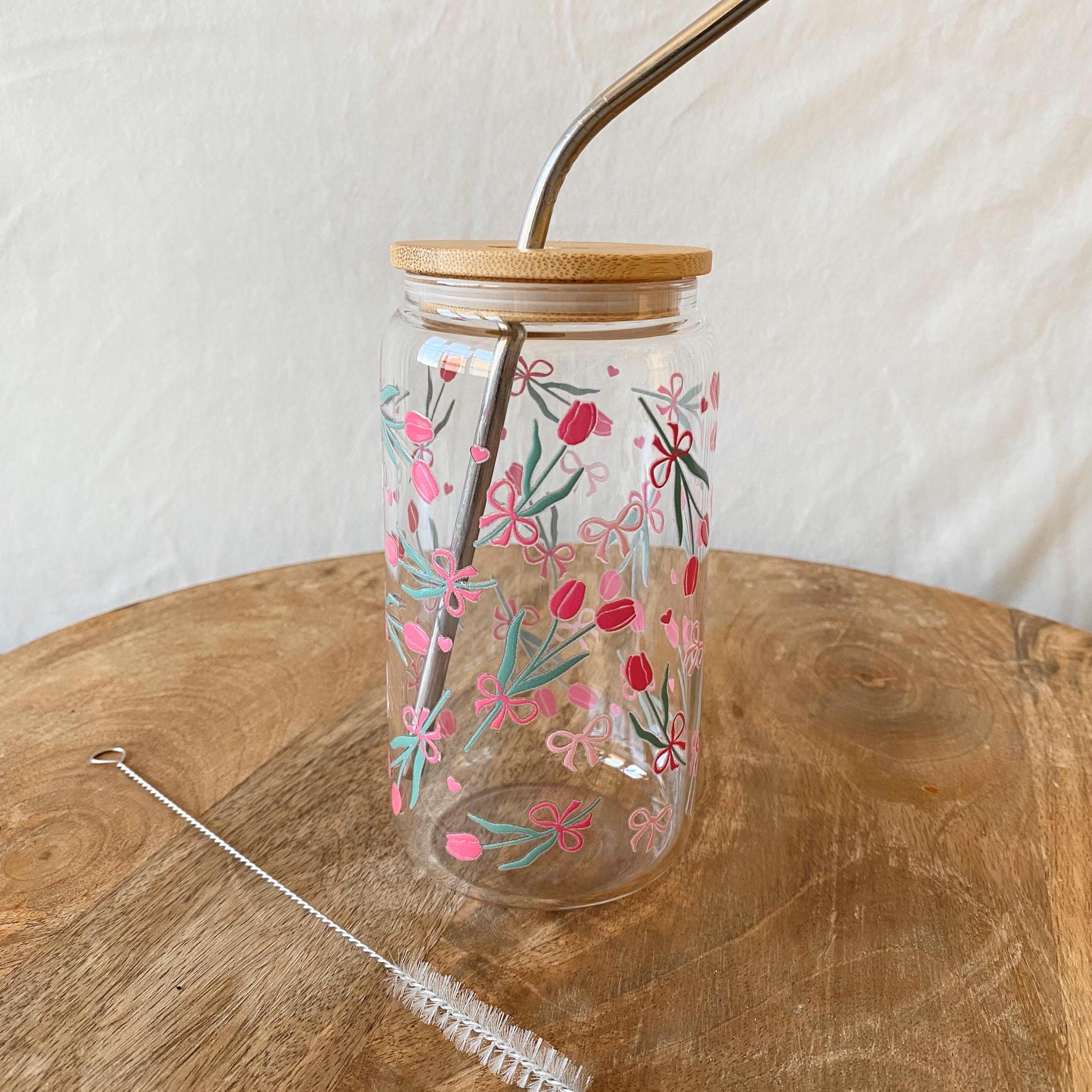 Coquette Glass Cup 16oz With Metal Straw Bamboo Lid | Pink Bows Tulips ...