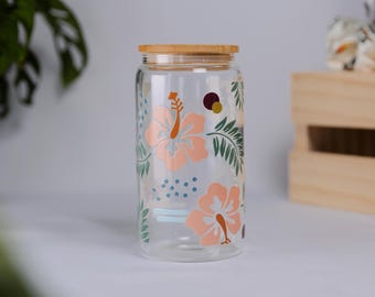 Hibiscus Glass Cup 16oz with Metal Straw Bamboo Lid | Cute Aesthetic Iced Coffee Cup | Tropical Island Glass Cup | Cute Island Gift